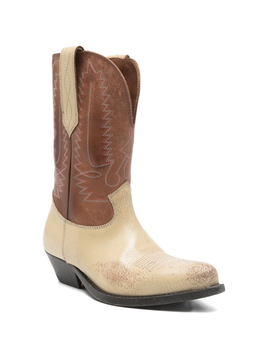 Golden Goose Wish Star Boots For Women Calf Leather Ecru With Embroidered Pull Tab Pointed Toe Luxury