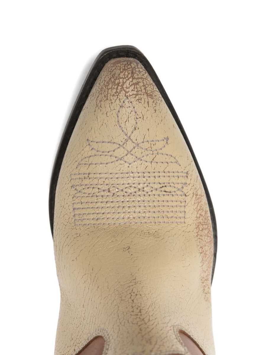 Golden Goose Wish Star Boots For Women Calf Leather Ecru With Embroidered Pull Tab Pointed Toe Luxury