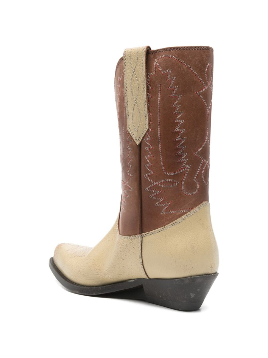 Golden Goose Wish Star Boots For Women Calf Leather Ecru With Embroidered Pull Tab Pointed Toe Luxury