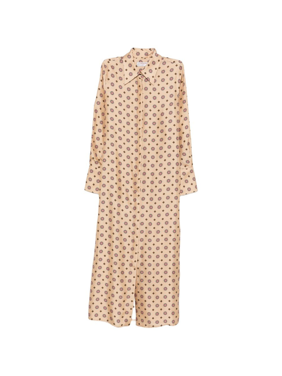 Alberto Biani Silk Chemisier Dress Beige Silk Shirt Dress Allover Print Relaxed Fit Women