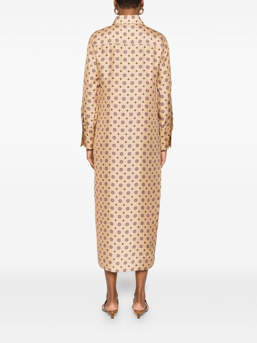Alberto Biani Silk Chemisier Dress Beige Silk Shirt Dress Allover Print Relaxed Fit Women