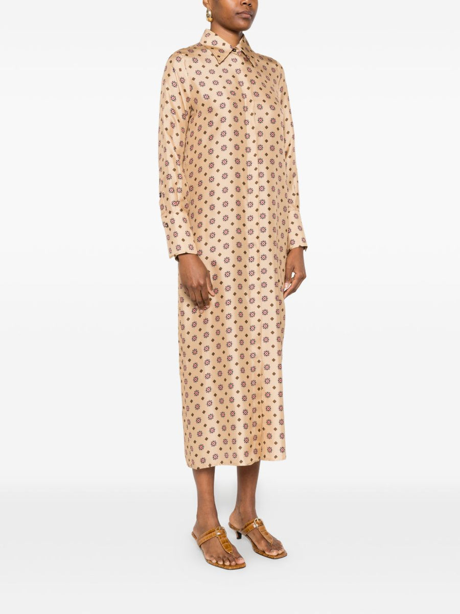 Alberto Biani Silk Chemisier Dress Beige Silk Shirt Dress Allover Print Relaxed Fit Women