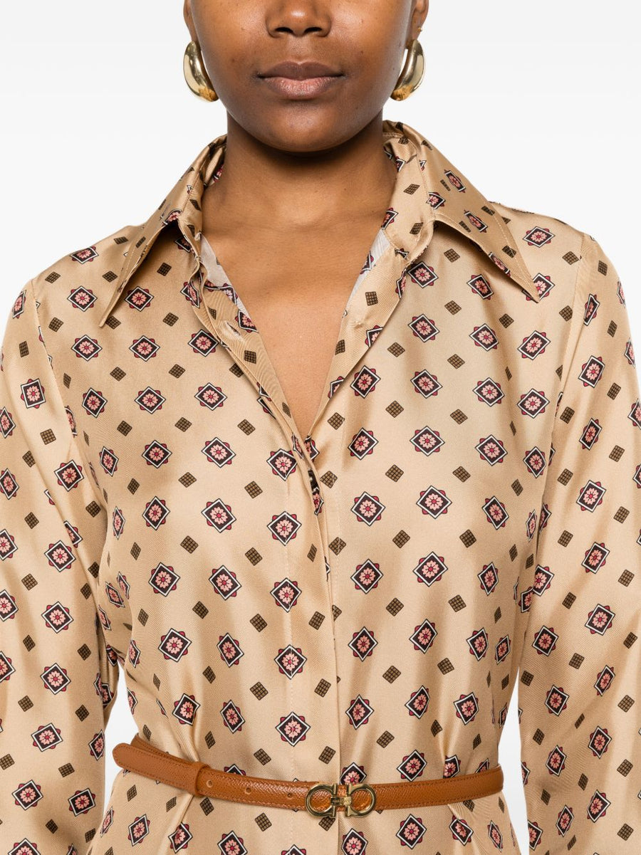 Alberto Biani Silk Chemisier Dress Beige Silk Shirt Dress Allover Print Relaxed Fit Women