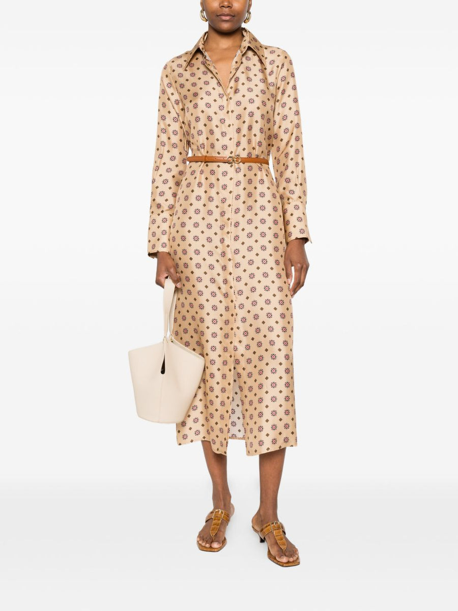 Alberto Biani Silk Chemisier Dress Beige Silk Shirt Dress Allover Print Relaxed Fit Women