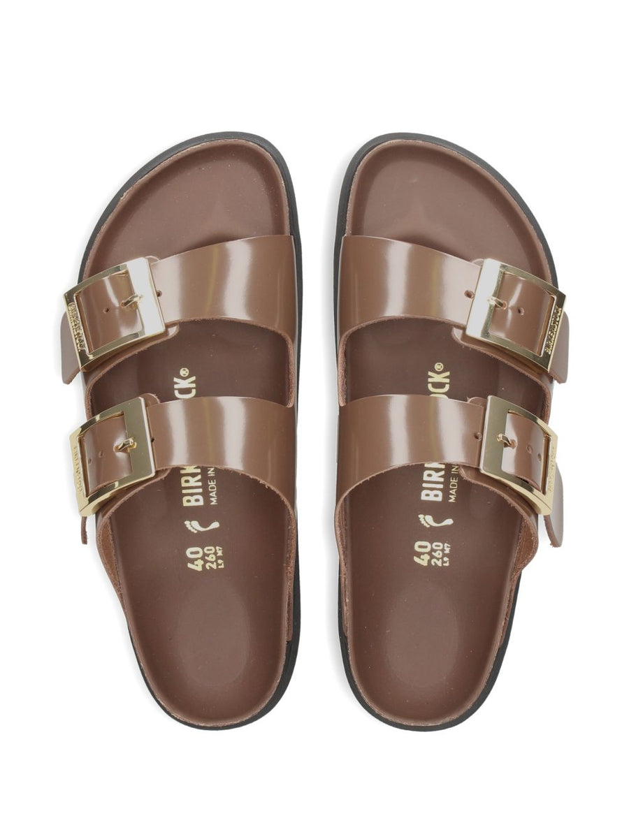 Birkenstock Arizona Sandals For Women Brown Patent Leather With Supportive Moulded Footbed And Two Straps