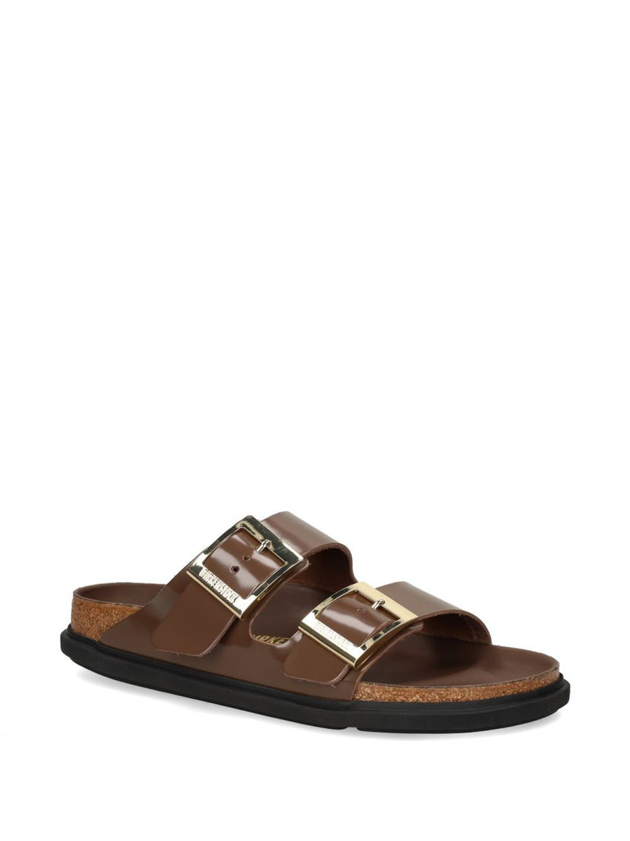 Birkenstock Arizona Sandals For Women Brown Patent Leather With Supportive Moulded Footbed And Two Straps