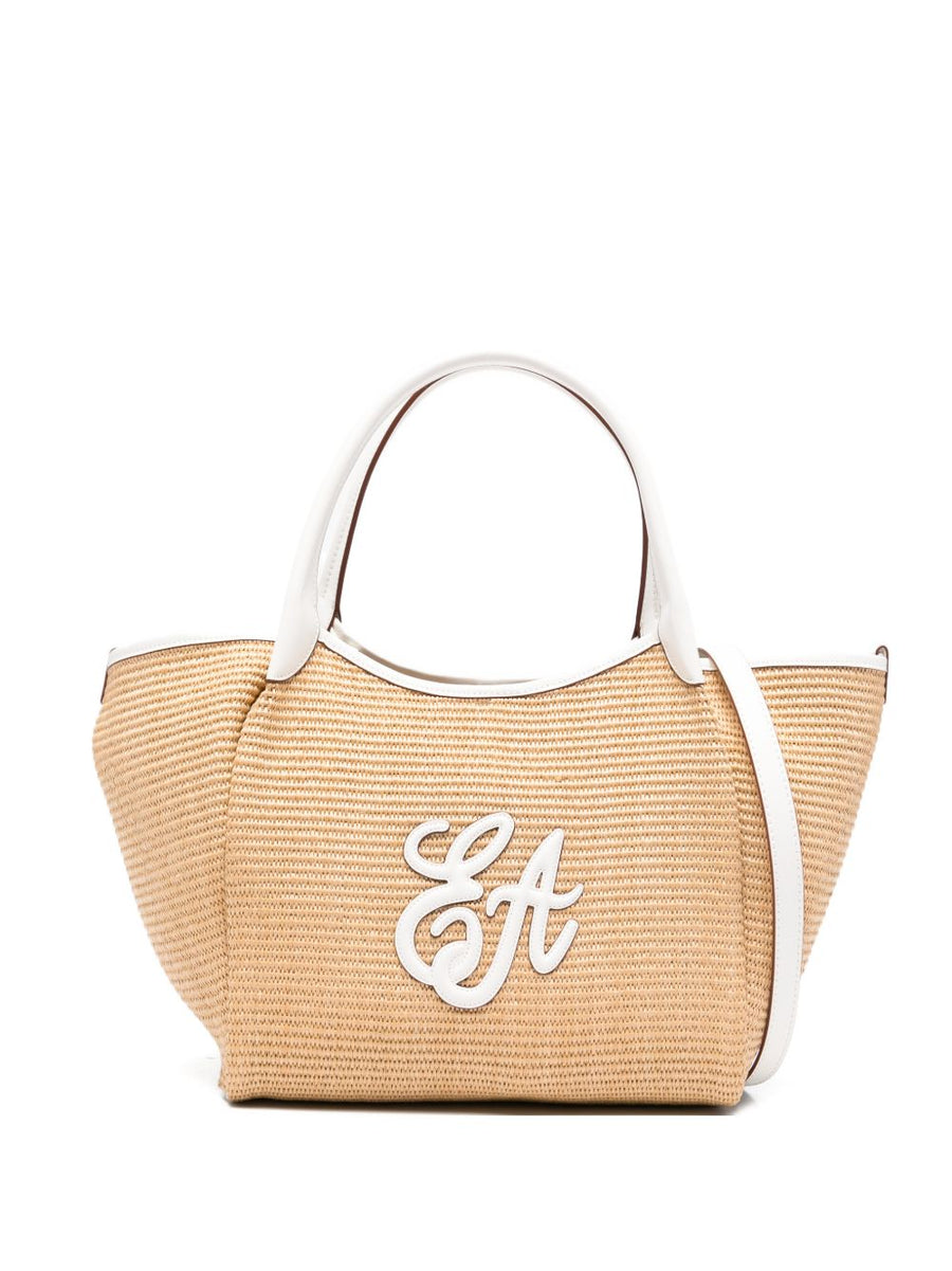 Emporio Armani Woven Straw Medium Shopper Bag For Women With Detachable Strap Luxury Resort Tote