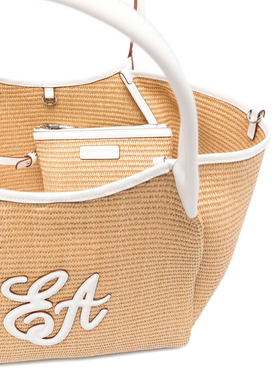 Emporio Armani Woven Straw Medium Shopper Bag For Women With Detachable Strap Luxury Resort Tote