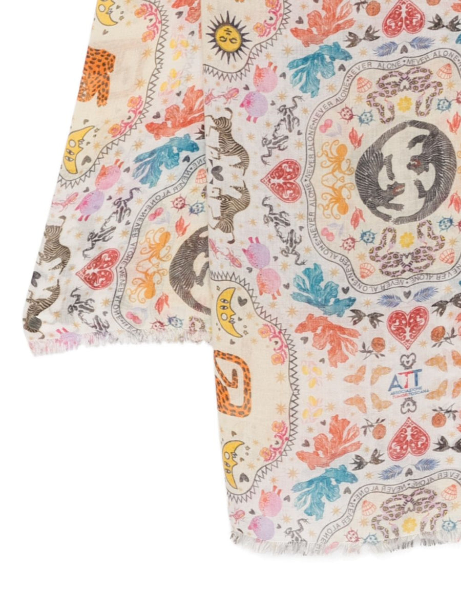 Faliero Sarti Poly Silk Blend Stole For Women Beige Base Multicolor Graphic Pattern Luxury Wrap