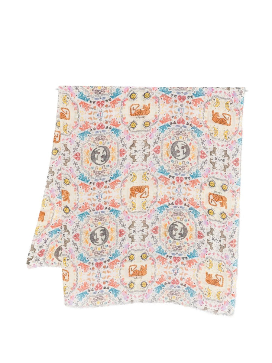Faliero Sarti Poly Silk Blend Stole For Women Beige Base Multicolor Graphic Pattern Luxury Wrap