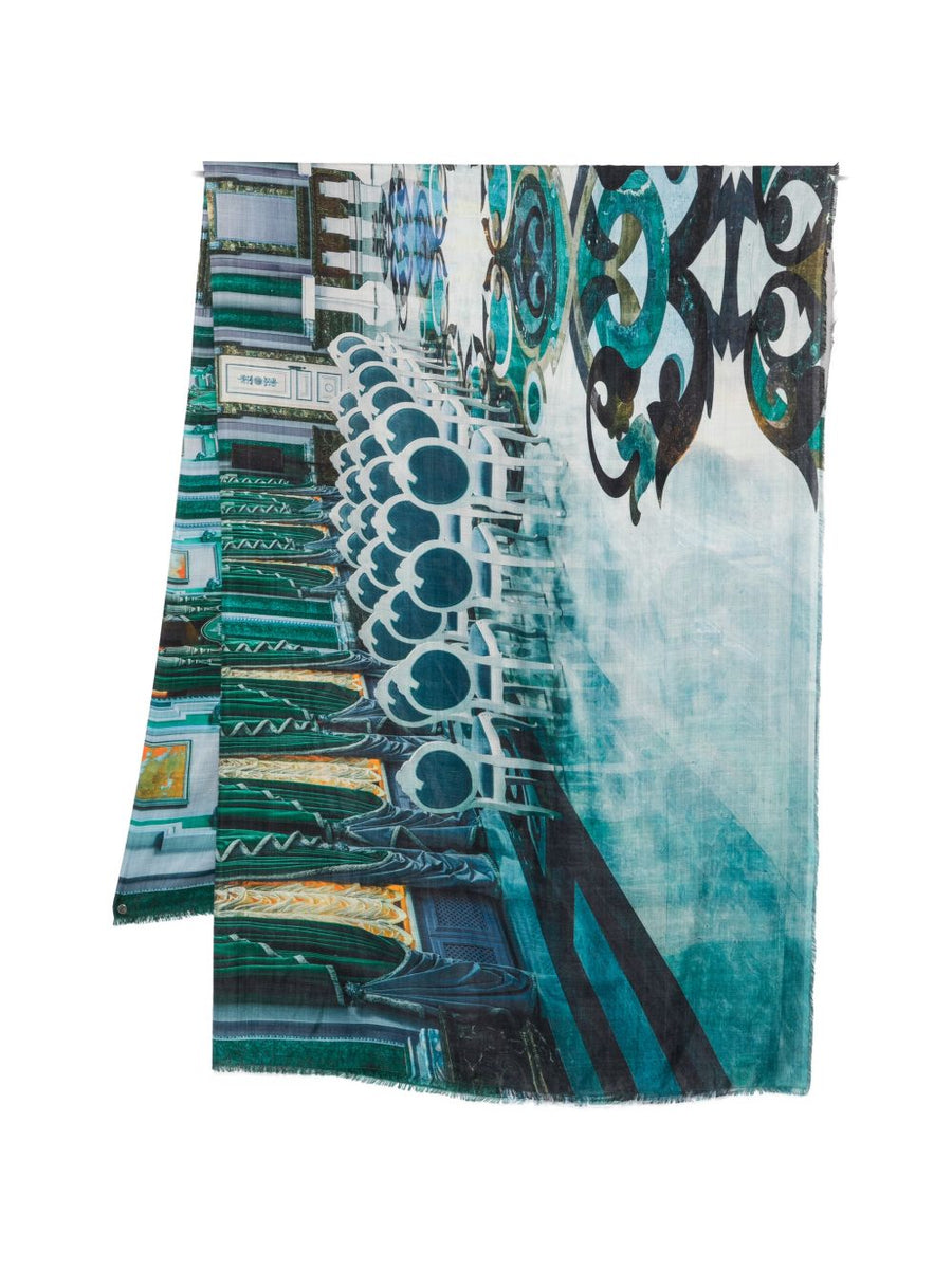 Faliero Sarti Palazzo Mariinskyi Silk Stole For Women Luxurious Drapeable Navy With Printed Motif Frayed Edges
