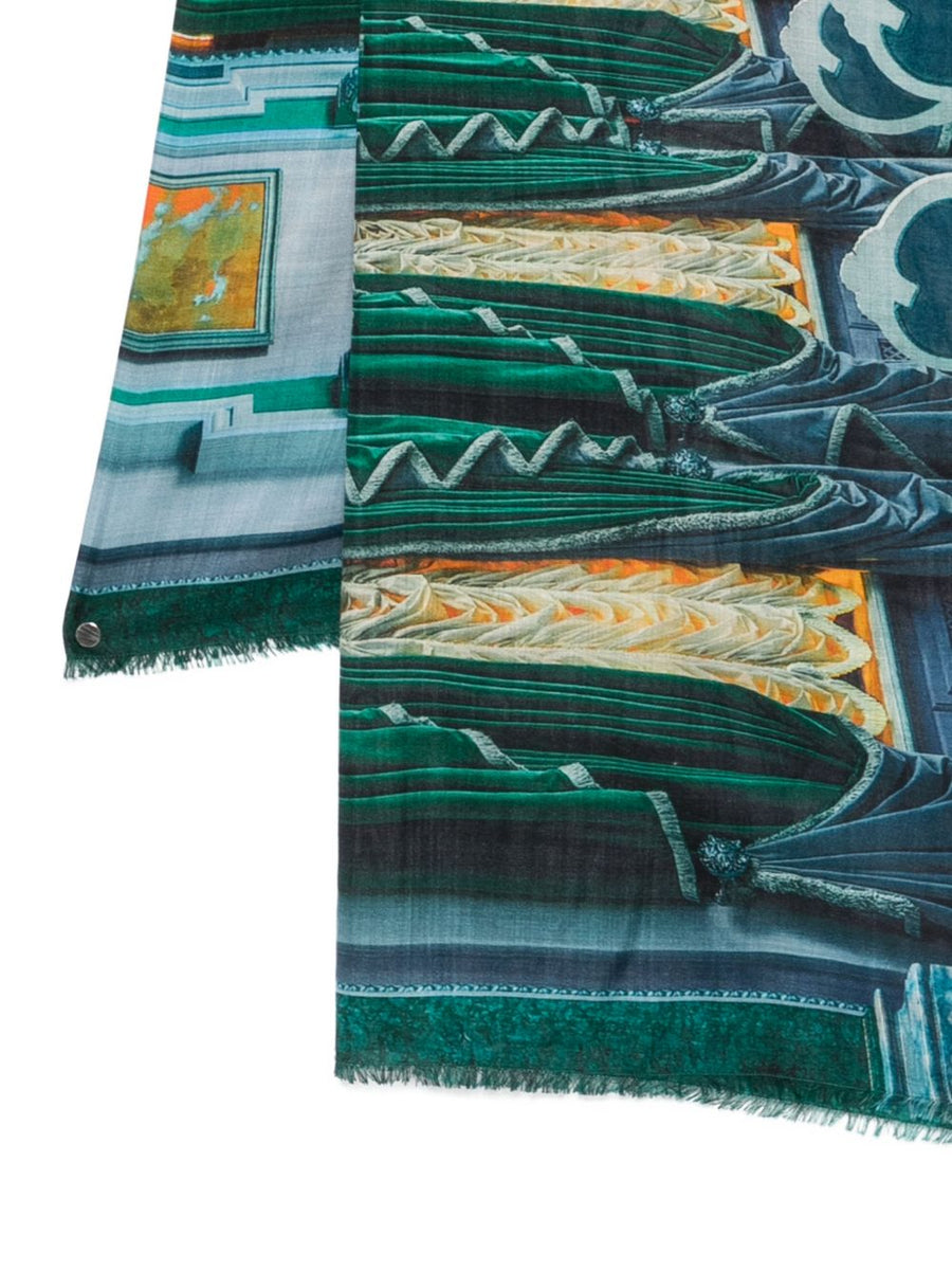 Faliero Sarti Palazzo Mariinskyi Silk Stole For Women Luxurious Drapeable Navy With Printed Motif Frayed Edges