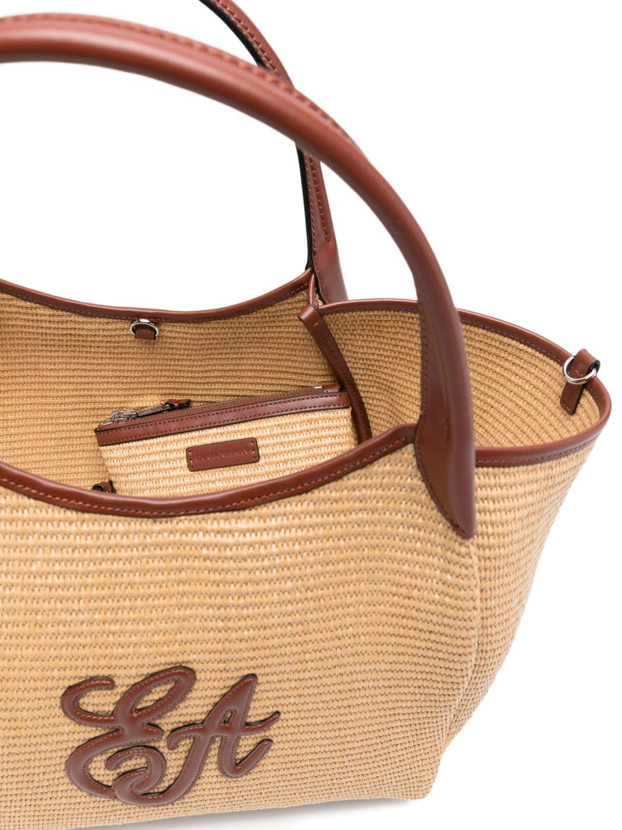 Emporio Armani Woven Straw Medium Shopper Bag For Women With Top Handle Applique Detail And Dust Bag Included