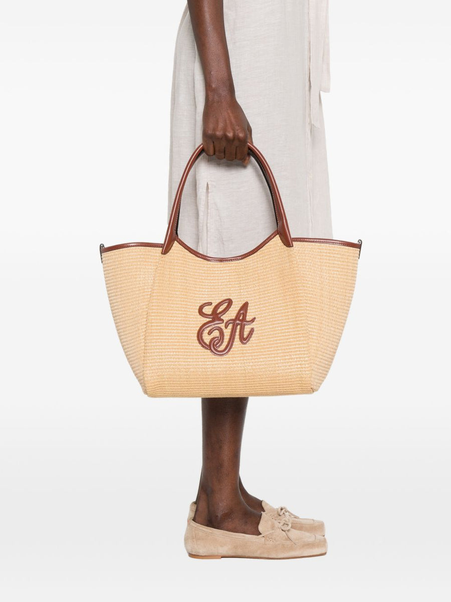 Emporio Armani Woven Straw Medium Shopper Bag For Women With Top Handle Applique Detail And Dust Bag Included