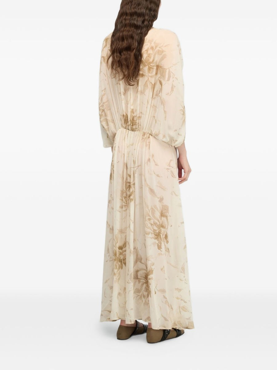 Semicouture Veronica Long Dress Elegant Beige Floral V Neck With Gathered Waist For Women