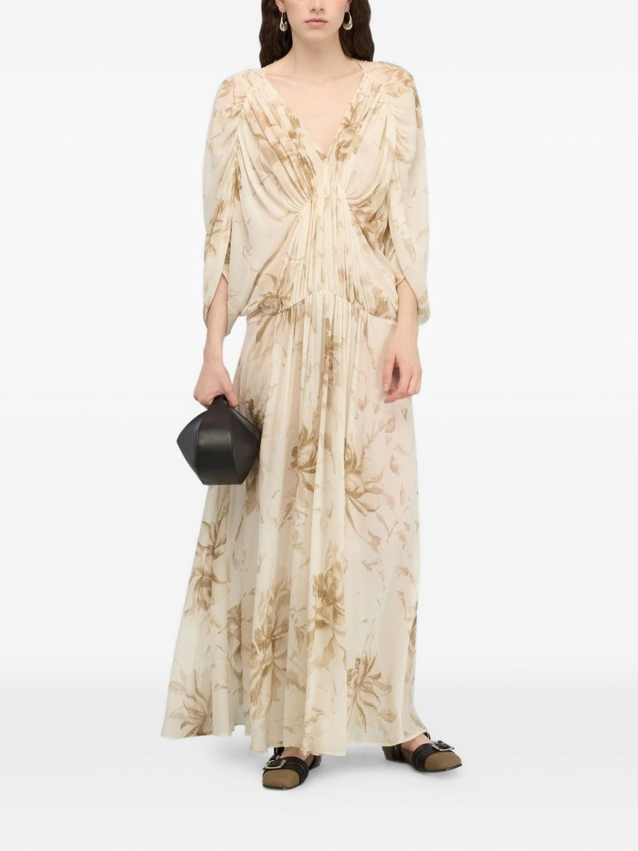 Semicouture Veronica Long Dress Elegant Beige Floral V Neck With Gathered Waist For Women