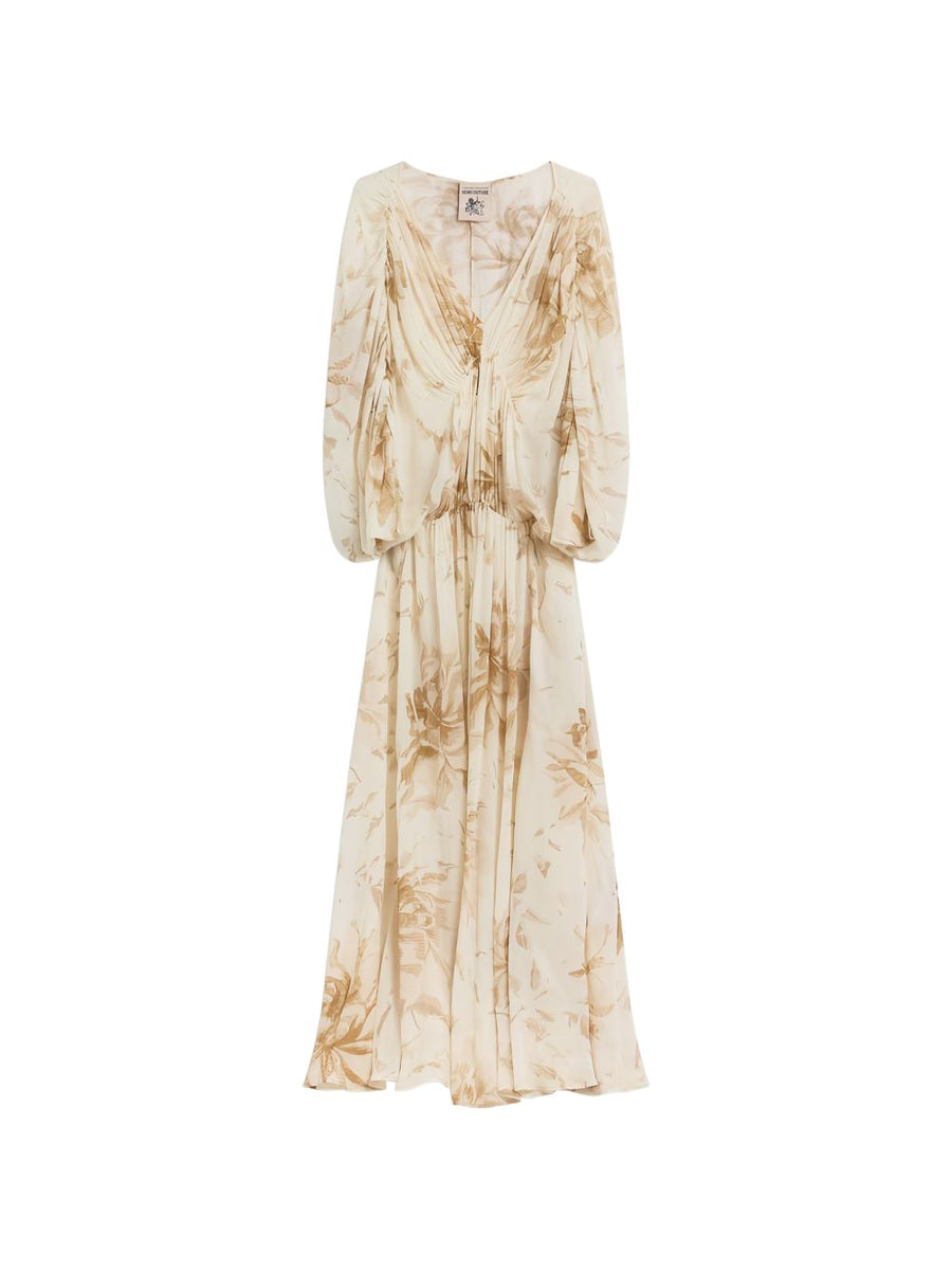 Semicouture Veronica Long Dress Elegant Beige Floral V Neck With Gathered Waist For Women