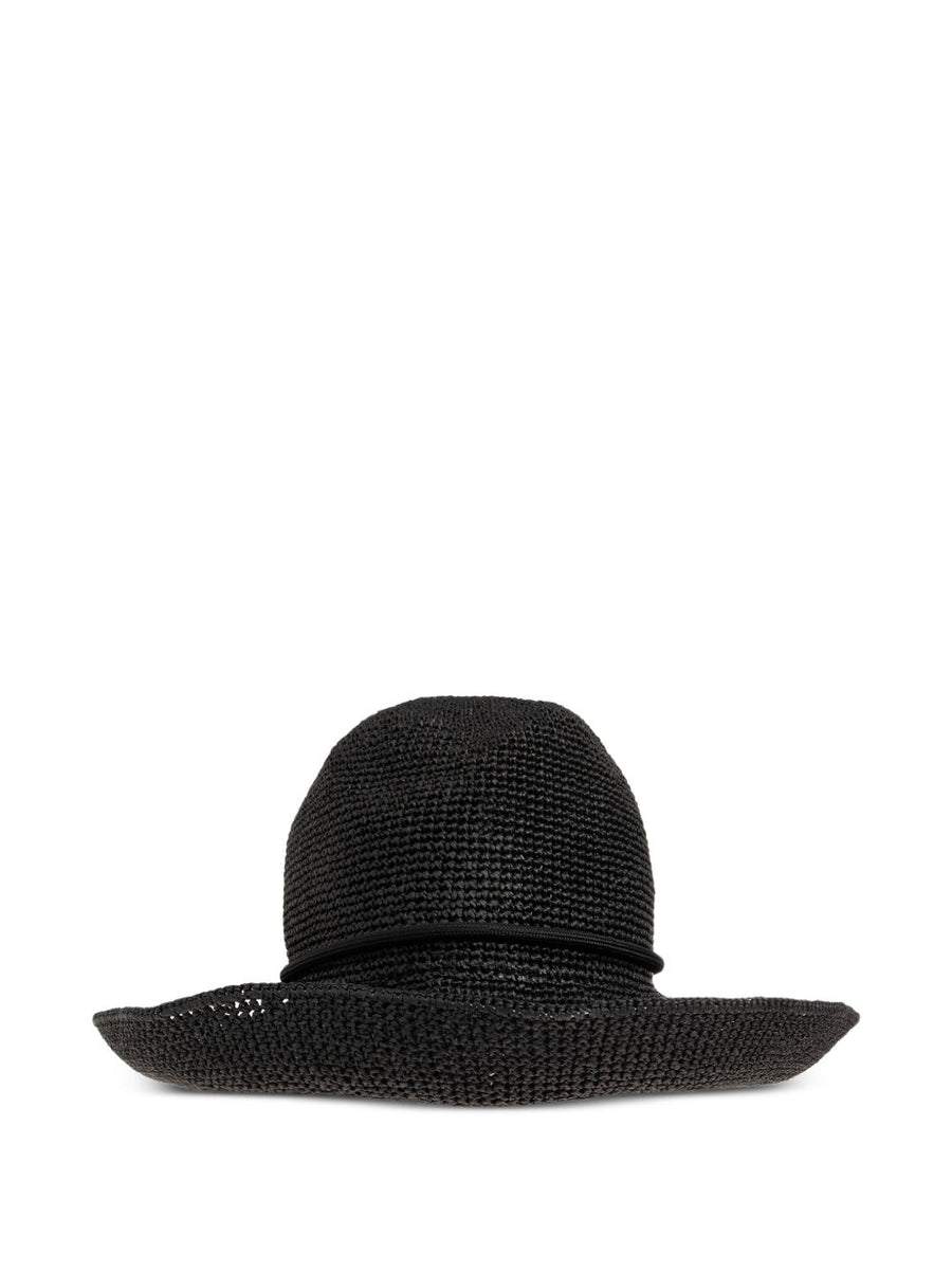 Emporio Armani Black Natural Paper Cord Sun Crochet Hat For Women, Wide Brim Cloche Style, Luxury Summer Accessory