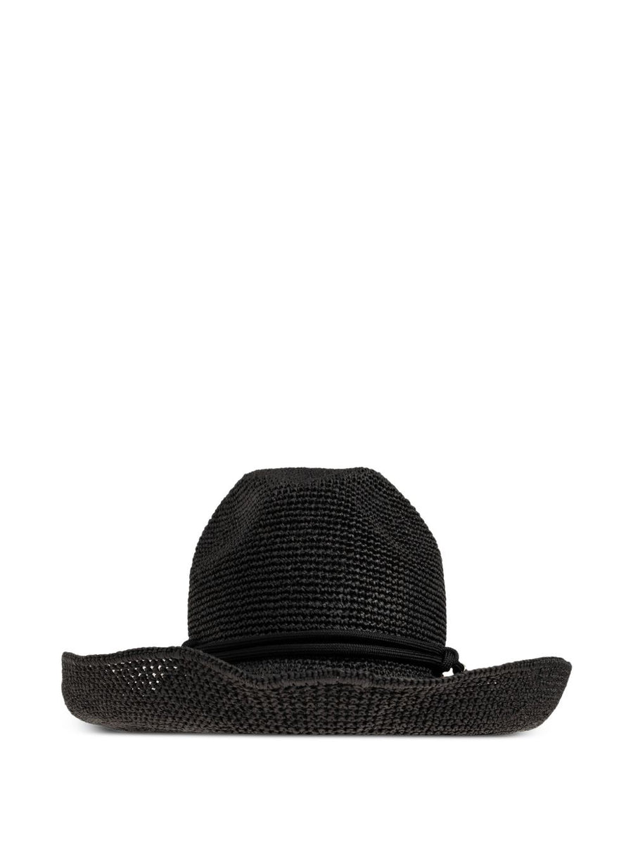Emporio Armani Black Natural Paper Cord Sun Crochet Hat For Women, Wide Brim Cloche Style, Luxury Summer Accessory