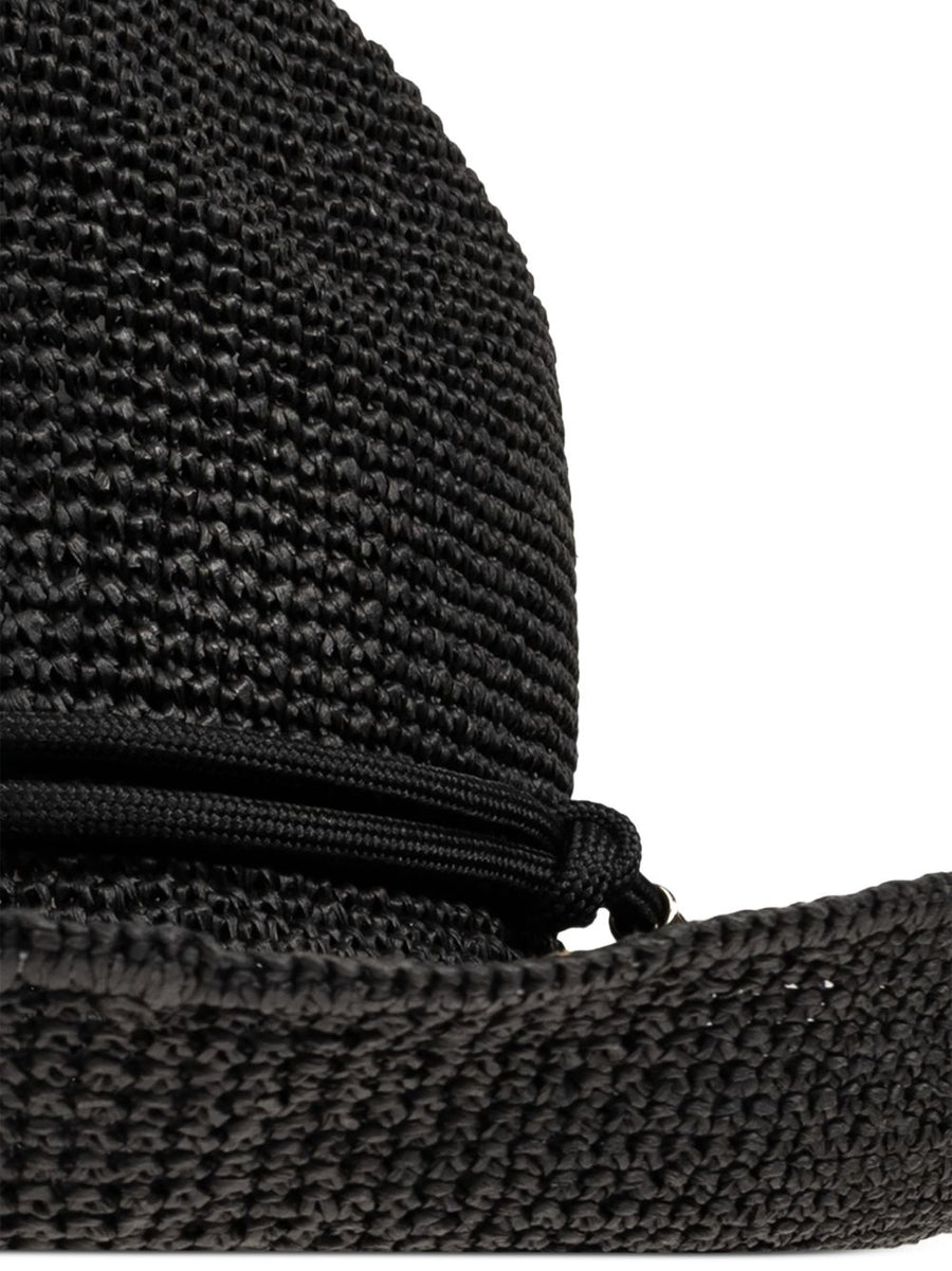 Emporio Armani Black Natural Paper Cord Sun Crochet Hat For Women, Wide Brim Cloche Style, Luxury Summer Accessory