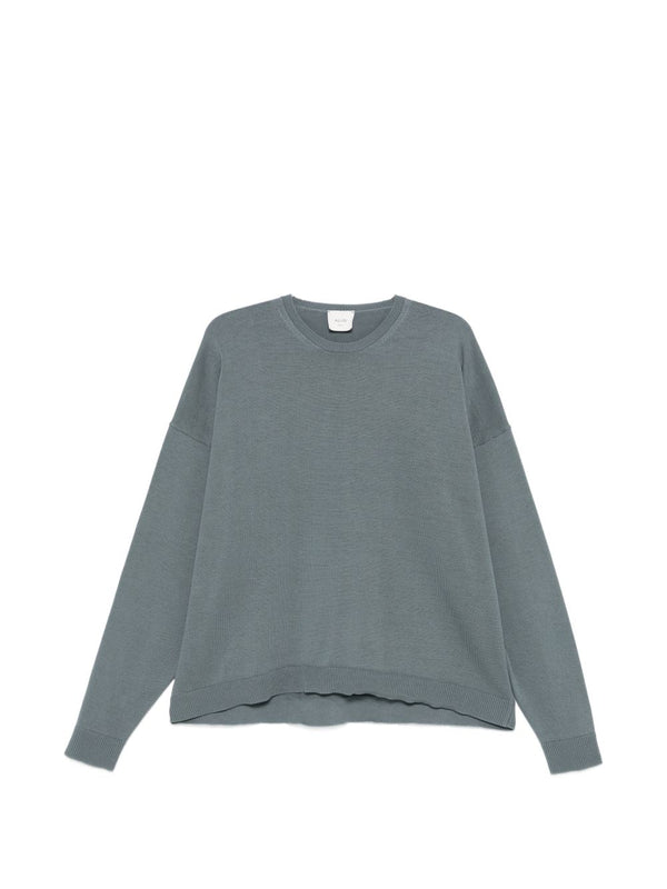 Alysi Hundred Percent Cotton Crewneck Sweater With Grey Paneling For Women Versatile Everyday Knit