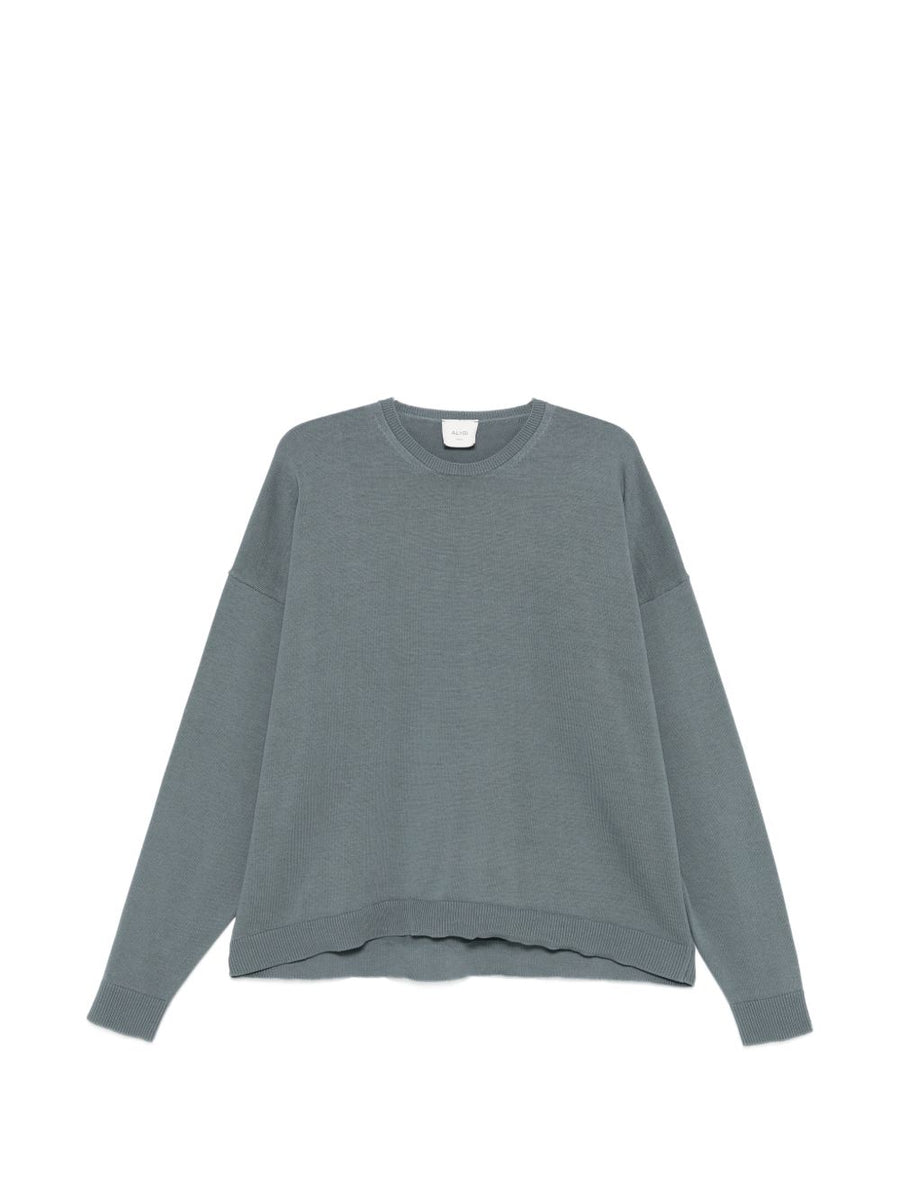 Alysi Hundred Percent Cotton Crewneck Sweater With Grey Paneling For Women Versatile Everyday Knit