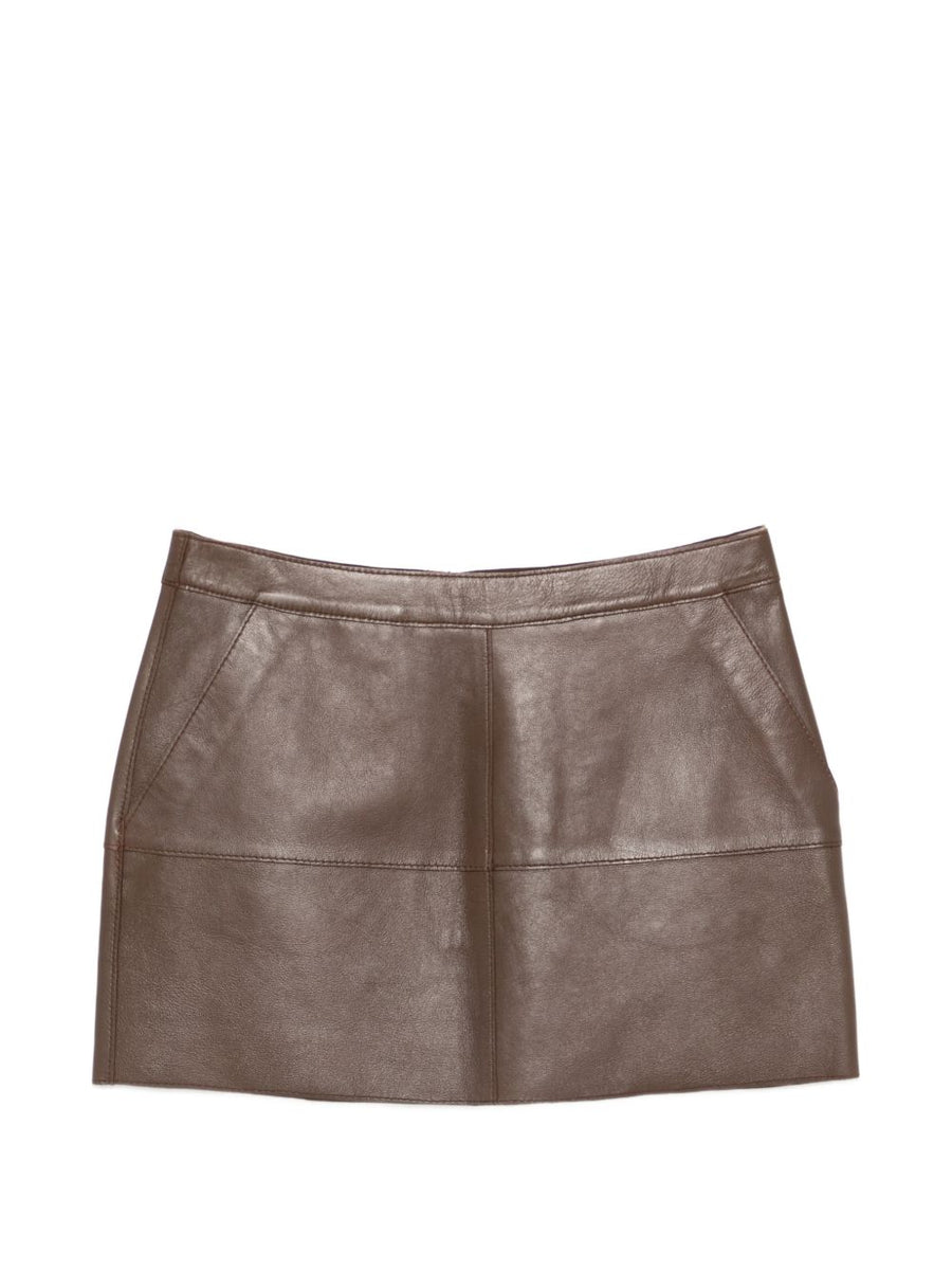 Parosh Leather Mini Skirt For Women Lambskin Panelled Brown With Side Pockets Luxury Structured Silhouette