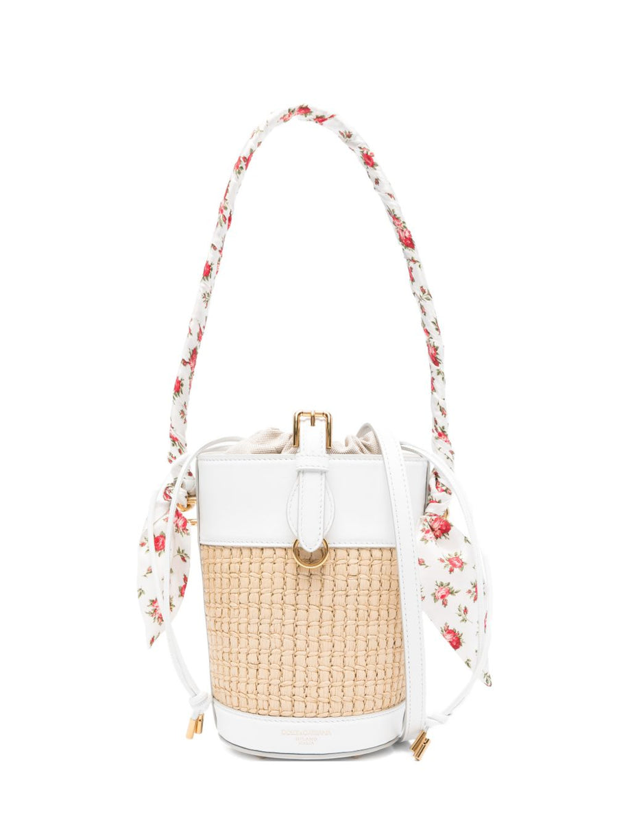 Dolce And Gabbana Capri Raffia Bucket Bag For Women With Drawstring Top Handle And Detachable Shoulder Strap