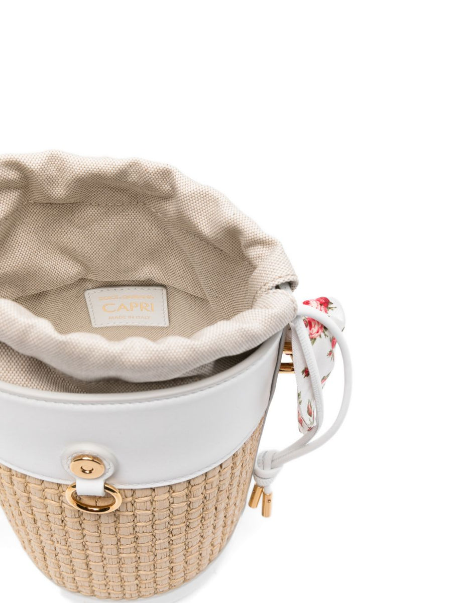 Dolce And Gabbana Capri Raffia Bucket Bag For Women With Drawstring Top Handle And Detachable Shoulder Strap