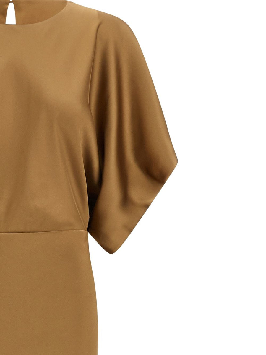 Norma Kamali Long Dress For Women Camel 100 Percent Polyester Flowing Silhouette Teardrop Detail