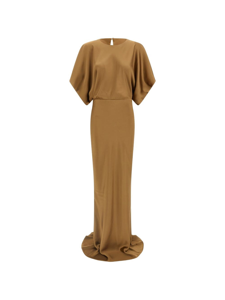 Norma Kamali Long Dress For Women Camel 100 Percent Polyester Flowing Silhouette Teardrop Detail
