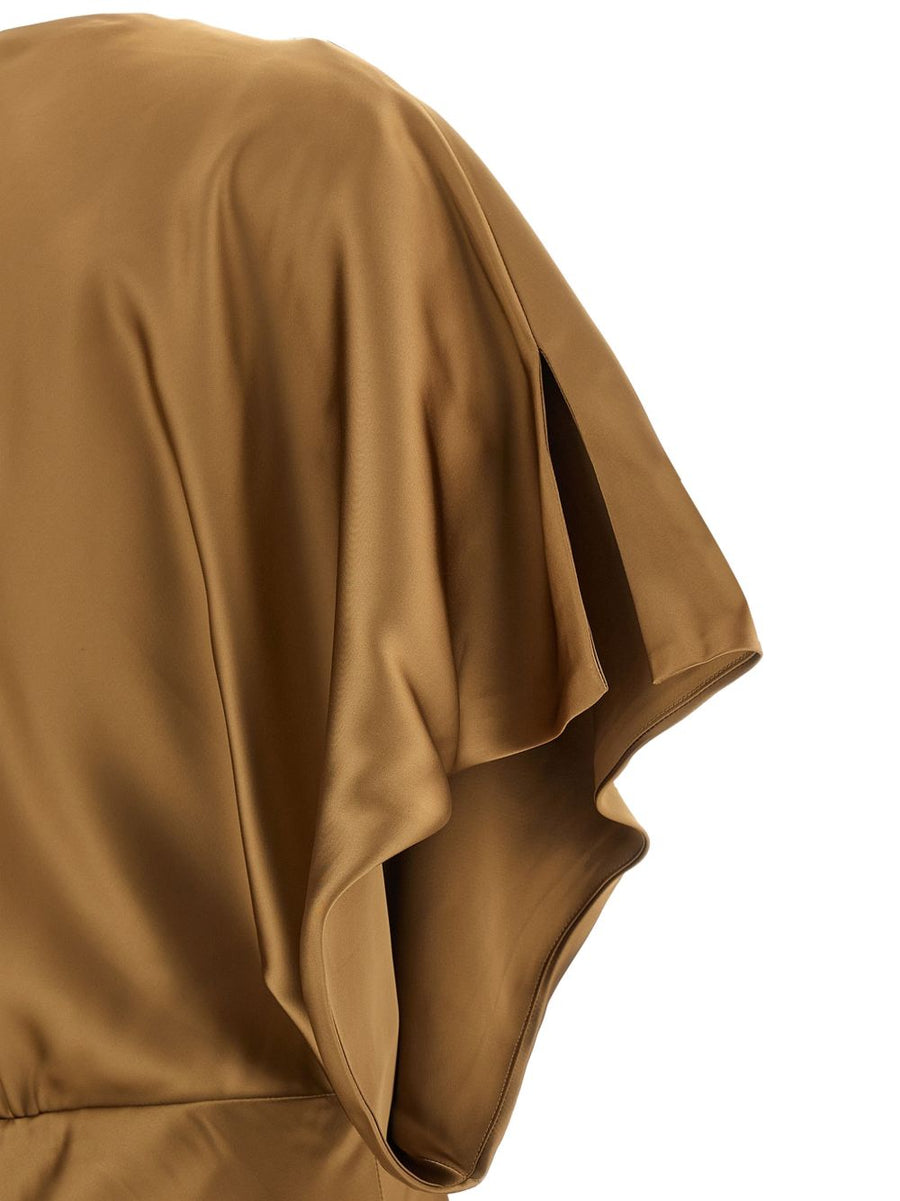 Norma Kamali Long Dress For Women Camel 100 Percent Polyester Flowing Silhouette Teardrop Detail