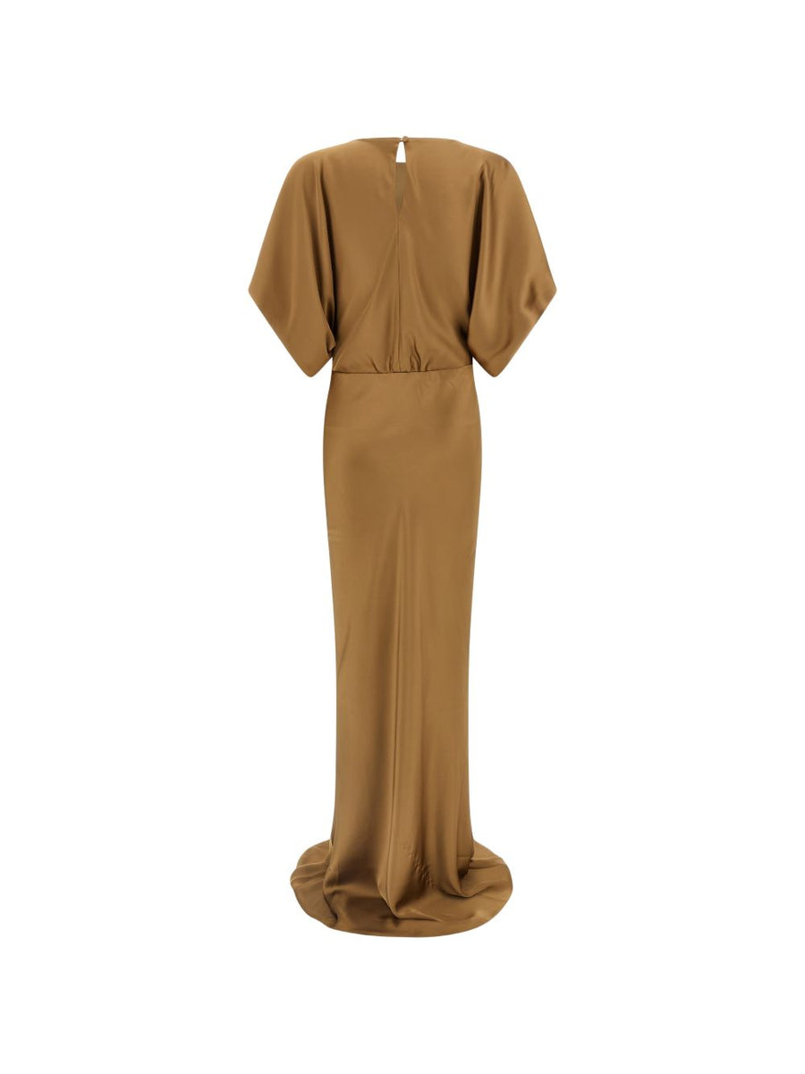 Norma Kamali Long Dress For Women Camel 100 Percent Polyester Flowing Silhouette Teardrop Detail