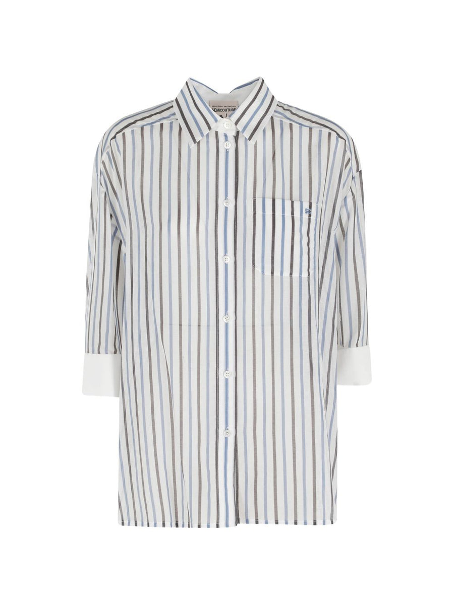 Semicouture Gracia Navy Striped Cotton Silk Shirt For Women Premium Tailored Workwear With Chest Pocket Turn Up Cuffs