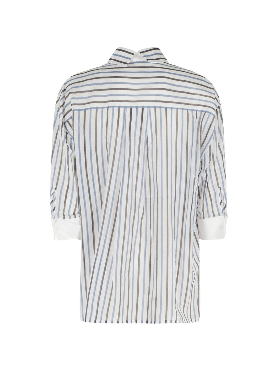 Semicouture Gracia Navy Striped Cotton Silk Shirt For Women Premium Tailored Workwear With Chest Pocket Turn Up Cuffs