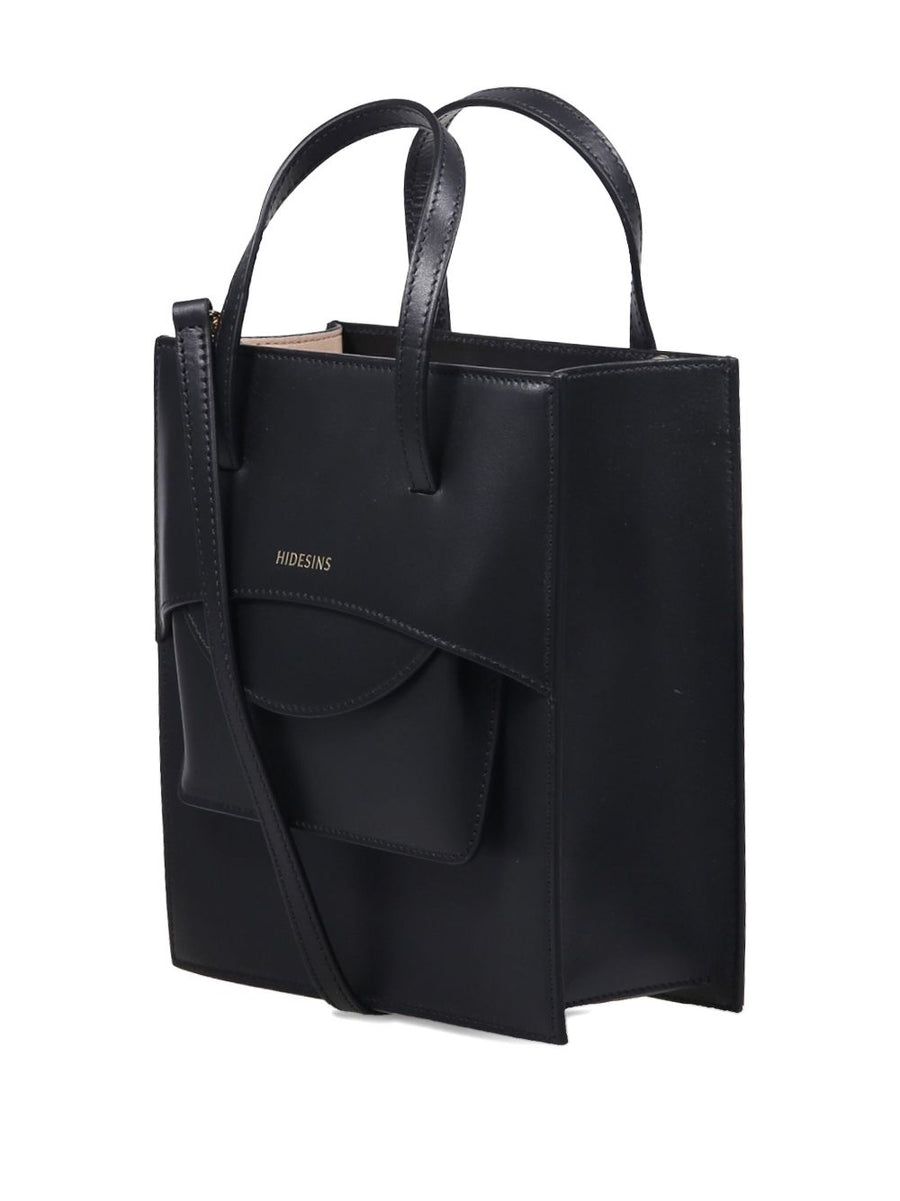 Hidesins Flap J Black Calf Leather Handbag For Women With Convertible Crossbody Bag And Top Handles