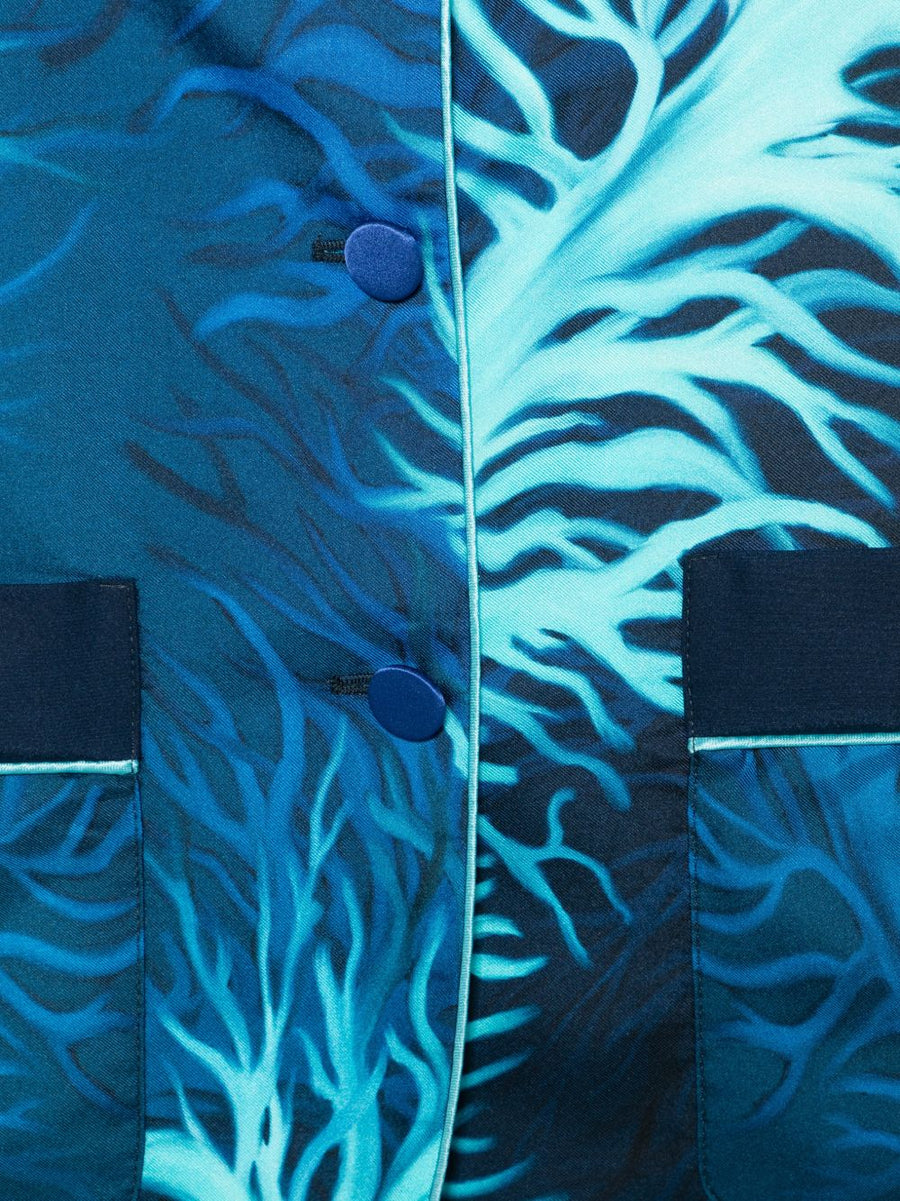 F.R.S Printed Silk Jacket Navy Leaf Print For Women Effortless Lightweight Luxury Office Wear