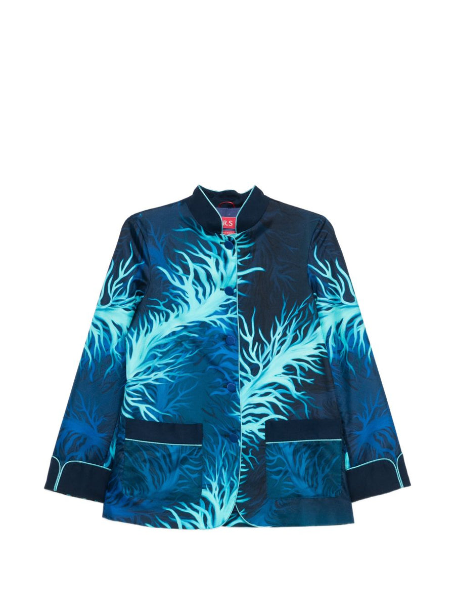 F.R.S Printed Silk Jacket Navy Leaf Print For Women Effortless Lightweight Luxury Office Wear
