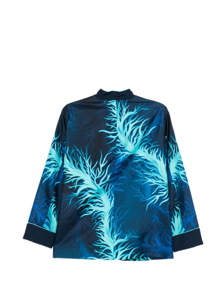 F.R.S Printed Silk Jacket Navy Leaf Print For Women Effortless Lightweight Luxury Office Wear