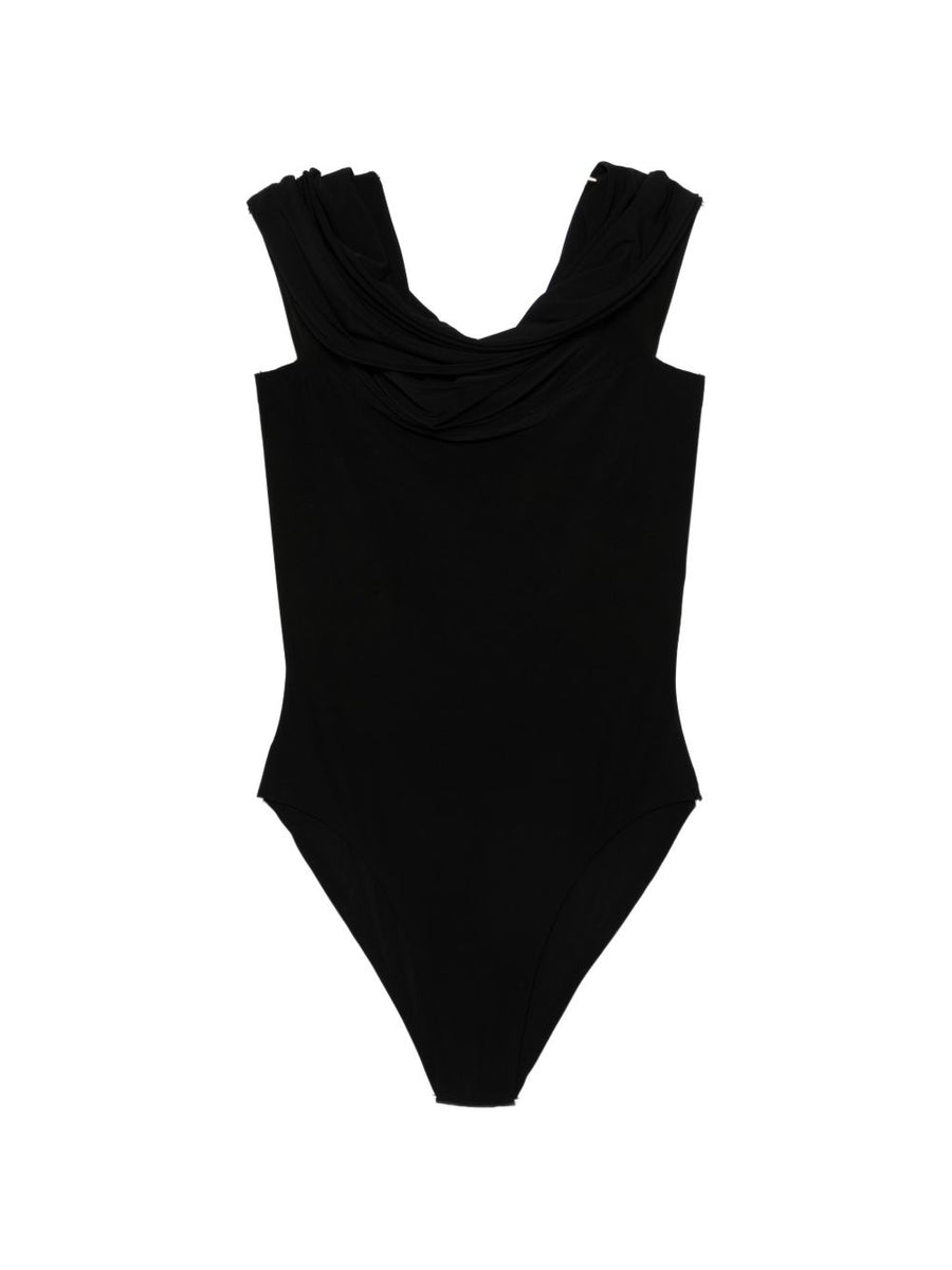 Norma Kamali Off Shoulder Bodysuit Black Layering Essential For Modern Women Bold Draped Silhouette