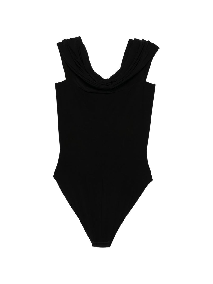 Norma Kamali Off Shoulder Bodysuit Black Layering Essential For Modern Women Bold Draped Silhouette