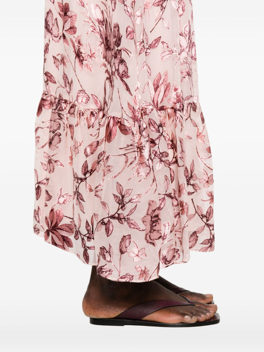 Alice Olivia Luxurious Pink Floral Printed Maxi Skirt With Drop Waist And Ruffled Hem For Women