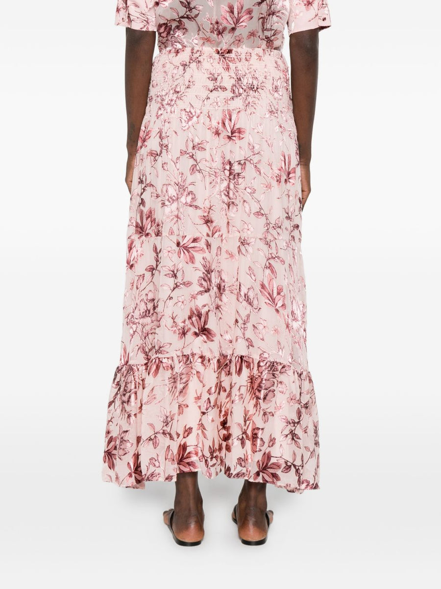 Alice Olivia Luxurious Pink Floral Printed Maxi Skirt With Drop Waist And Ruffled Hem For Women
