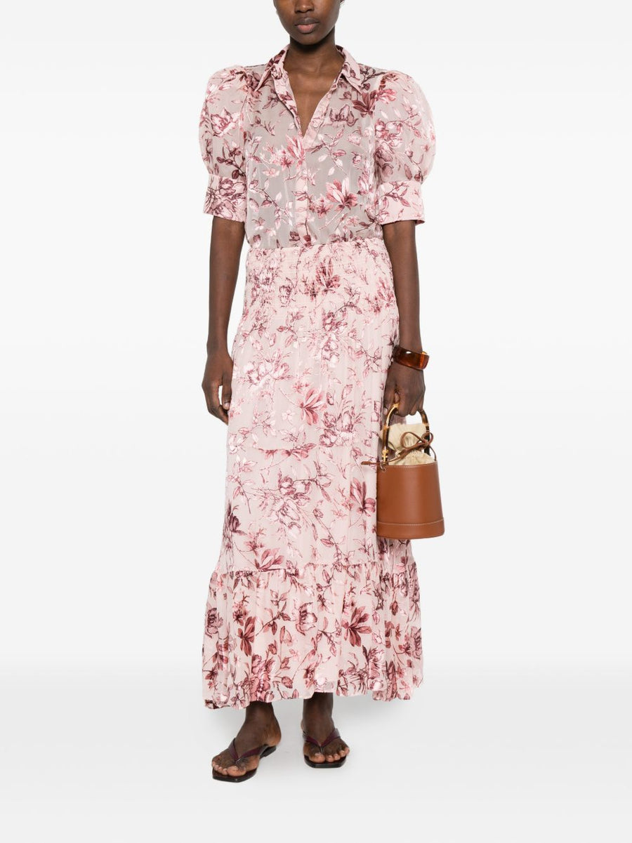 Alice Olivia Luxurious Pink Floral Printed Maxi Skirt With Drop Waist And Ruffled Hem For Women