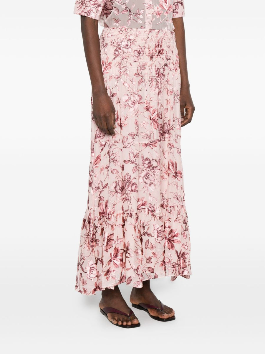 Alice Olivia Luxurious Pink Floral Printed Maxi Skirt With Drop Waist And Ruffled Hem For Women