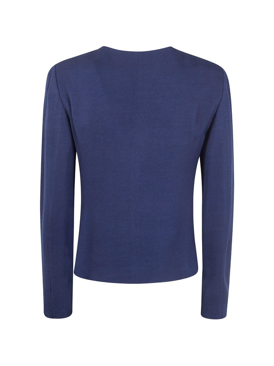 Emporio Armani Navy Viscose Ruffled Jacket with Long Sleeves Round Neck
