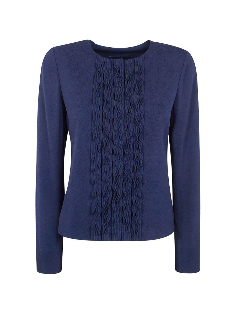 Emporio Armani Navy Viscose Ruffled Jacket with Long Sleeves Round Neck