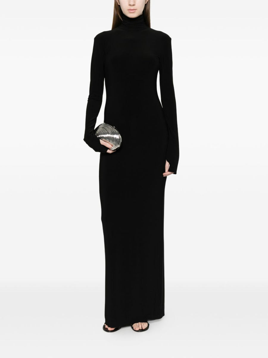 Norma Kamali Turtle-Neck Long Dress for Women in Black with Slit Detail and Sleek Stretch for Timeless Style