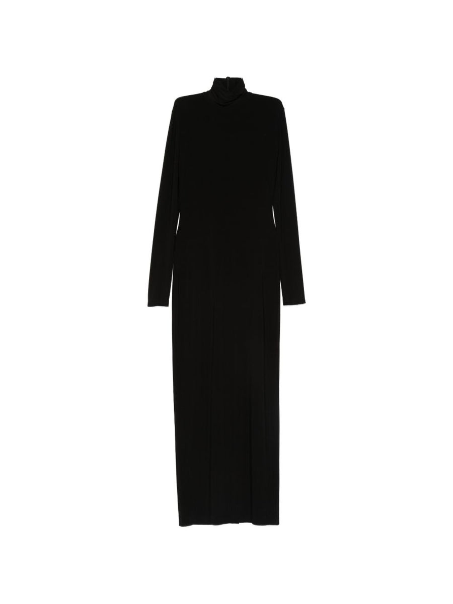 Norma Kamali Turtle-Neck Long Dress for Women in Black with Slit Detail and Sleek Stretch for Timeless Style