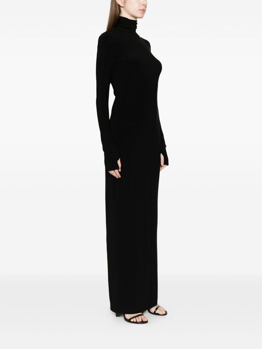 Norma Kamali Turtle-Neck Long Dress for Women in Black with Slit Detail and Sleek Stretch for Timeless Style